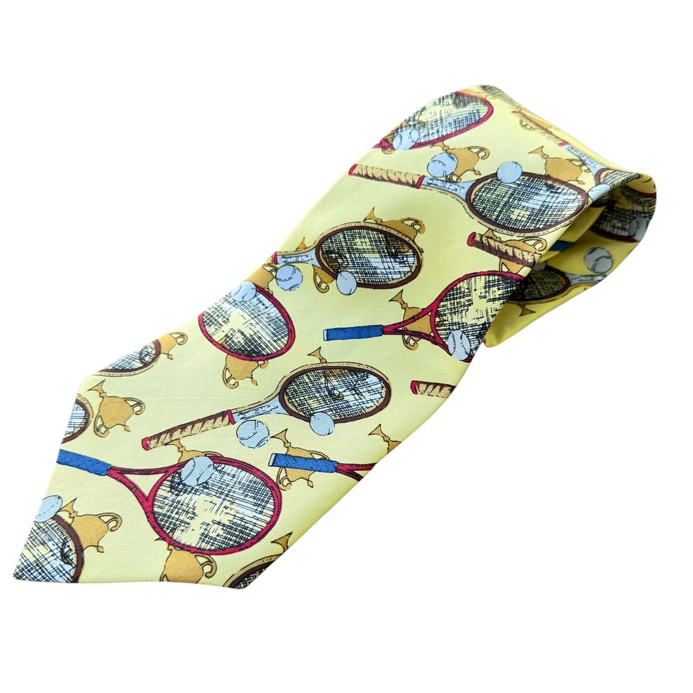 Fentonbelug Mens Silk Tie Yellow Tennis Racquet Ball Trophy Novelty Print